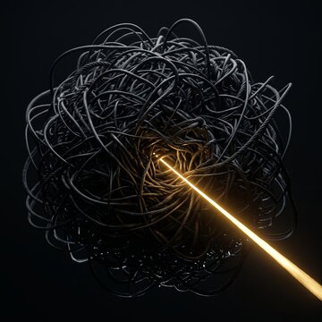 A glowing golden thread is pulled smoothly from a chaotic dark knot, transforming World Pasta Day into a metaphor for supply chain optimization.