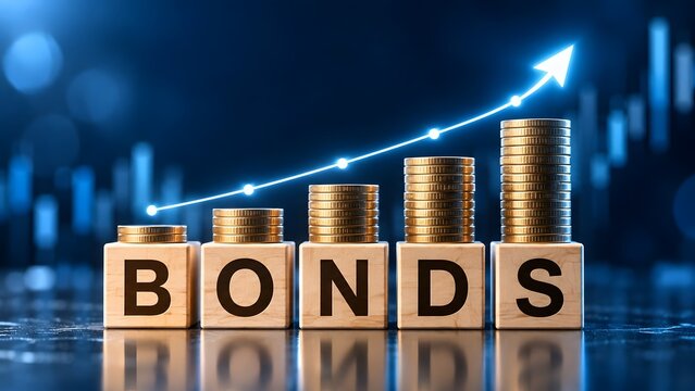 Wooden blocks spelling bonds with rising stacks of golden coins and a glowing upward trending arrow chart representing government bond market investment growth and financial returns