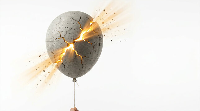 Conceptual image of a heavy concrete balloon cracking open with bright light shining from inside, symbolizing liberation, breaking stereotypes, mental breakthrough, and relieving a heavy burden, isola