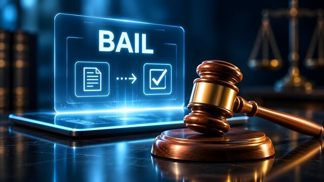 Wooden judge gavel with glowing digital screen displaying bail process icons representing online legal services and modern justice system