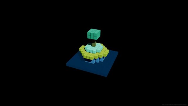 3D abstract construction of stacked cubes, rotating on a dark background.