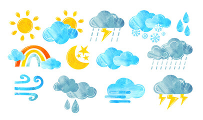 Fototapeta premium Weather icons with sun, clouds, rain, snow, rainbow, wind and lightning for forecast and seasonal design, hand painted illustration isolated on white transparent background, clip art set