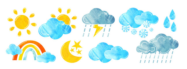 Fototapeta premium weather icons for forecasts include Sun Cloud Rain Snow Rainbow, moon. Meteorology illustrations isolated on white transparent background, clip art and cut out elements set, PNG