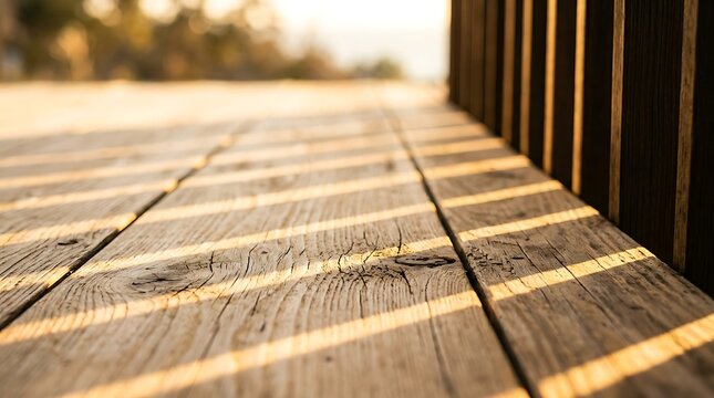 Closeup of weathered wooden deck planks with dramatic shadows cast by a railing during golden hour, creating a warm and textured outdoor background