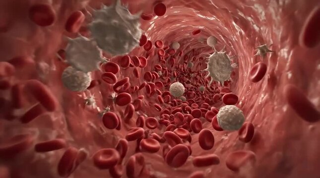 Cinematic 3D Animation of a Microscopic Journey Through a Human Blood Vessel with Cells Flowing