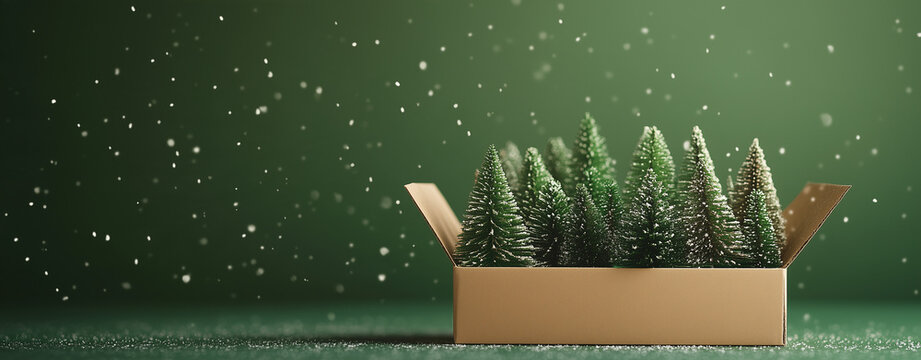A Festive Gathering: A cardboard box overflows with miniature evergreen trees dusted with snow, set against a deep green, subtly textured background with gentle snowflakes falling.