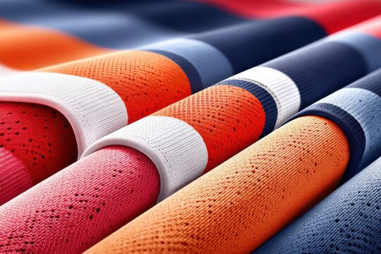 Close up of rolled sportswear fabric in orange, red, navy and white with perforated texture and ribbed edges, textile material sample