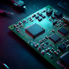 Obraz na płótnie Canvas Semiconductor manufacturing and hardware engineering, electronic circuit board with microchips and processors for advanced technology development