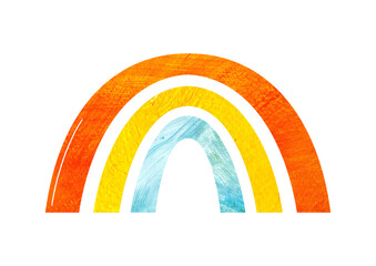 Fototapeta premium rainbow arch in red, yellow and blue with textured brush strokes, cheerful nursery illustration isolated on white transparent background for kids decor and creative projects. clip art