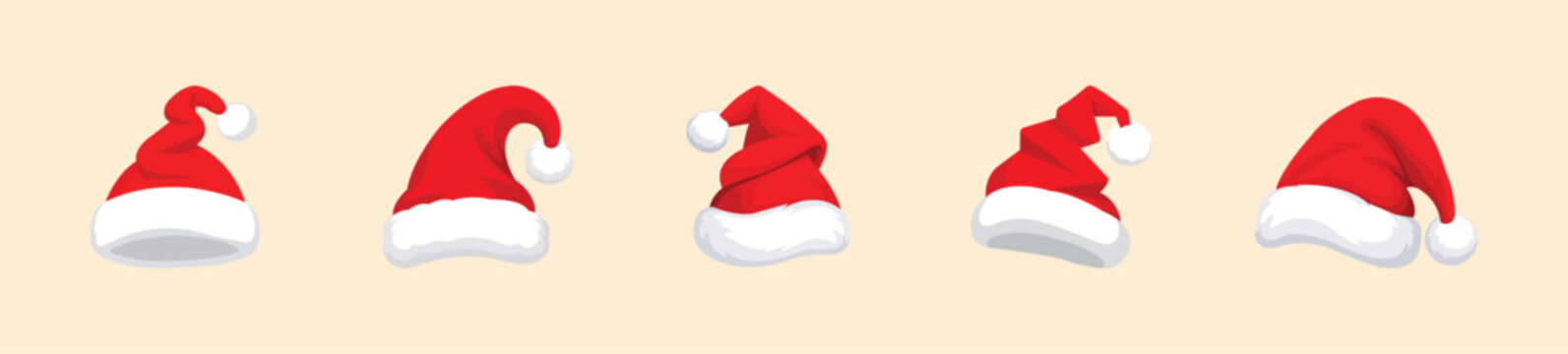 Santa Claus Christmas hat vector set. Red hats and white fur trim, winter holiday headwear collection.