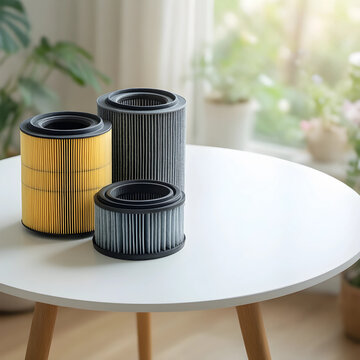 Air quality and home health, replacement filters for air purifier on table in bright living room for clean indoor environment and allergy prevention