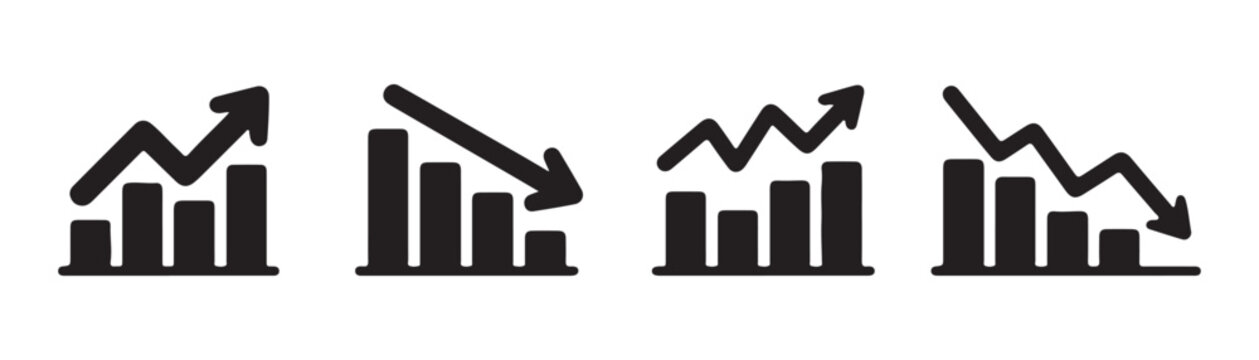 Four different bar chart icons showing upward and downward trends for business analysis.