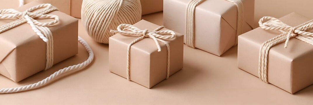 Tidy beige gift packages tied with rustic rope on warm background