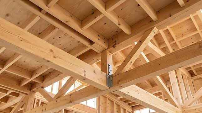 Low angle view of wooden roof truss construction in a new residential building frame showing structural beams, rafters, and metal connectors during the framing phase
