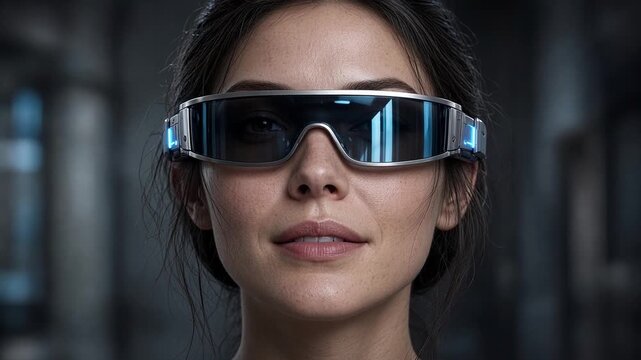 Futuristic virtual reality headset worn by a young woman, showcasing advanced technology and immersive experiences