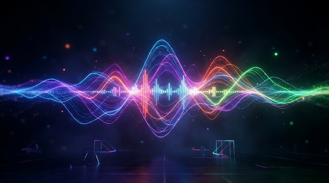 AI generated colorful neon audio waveform sound wave equalizer on dark background with stars. Music, podcast, technology and sound visualization concept, generative AI.