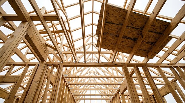 Low angle view of the wooden frame structure of a new house under construction, showcasing the roof trusses and wall studs against a bright overcast sky