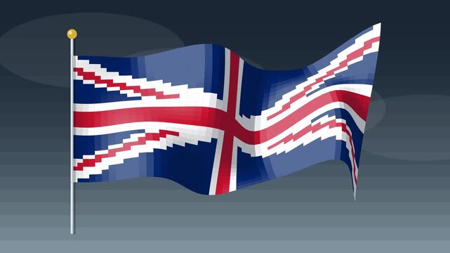 United Kingdom flag waving in the wind against a dark blue gradient