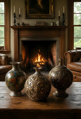 Fototapeta premium Interior design and luxury home decor, ornate antique vases on wooden table in cozy living room with fireplace and leather furniture for lifestyle