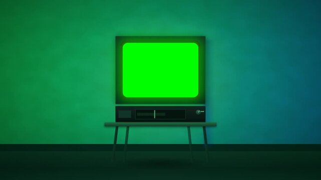 Vintage retro television with green screen in dark room