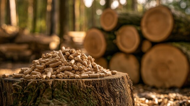 Wood pellet fuel on tree stump with blurred background of stacked cut log trunks in forest environment natural bio energy source alternative heating