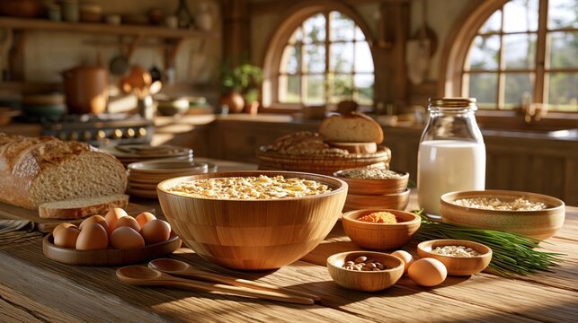Rustic kitchen table with bread, eggs, and cereal for breakfast