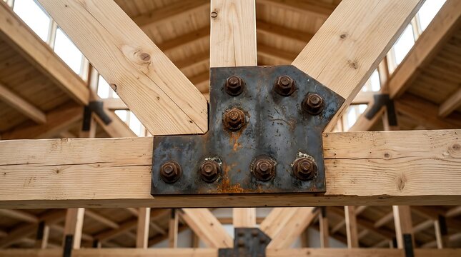 Closeup of a heavyduty steel gusset plate connecting timber beams in a wooden roof truss structure of a building under construction
