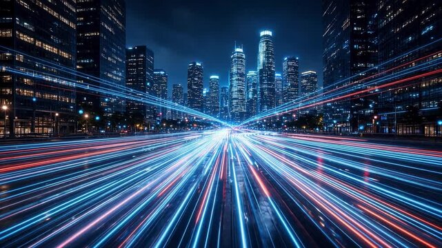 Dynamic light trails streak through a bustling metropolis at night, illustrating the rapid pace of urban life and advanced technological infrastructure against a backdrop