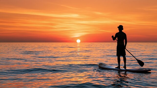 Silhouette of a man paddleboarding at sunset over the ocean