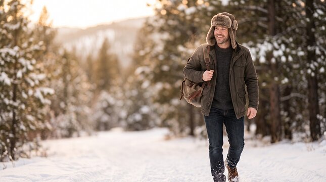 man in trapper hat walking, Adult man walking in snowy forest with bag during winter day