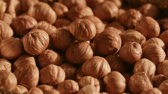 A close-up of whole brown hazelnuts with hard shells, showing a rich natural texture, fresh harvest, healthy snack food and warm rustic tones.