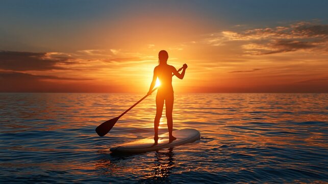 Silhouette of woman paddleboarding at sunset over the ocean