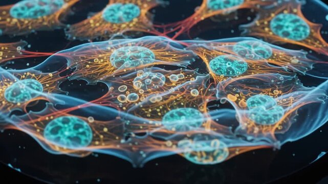 Macro view of fluorescence microscopy cells glowing with proteins