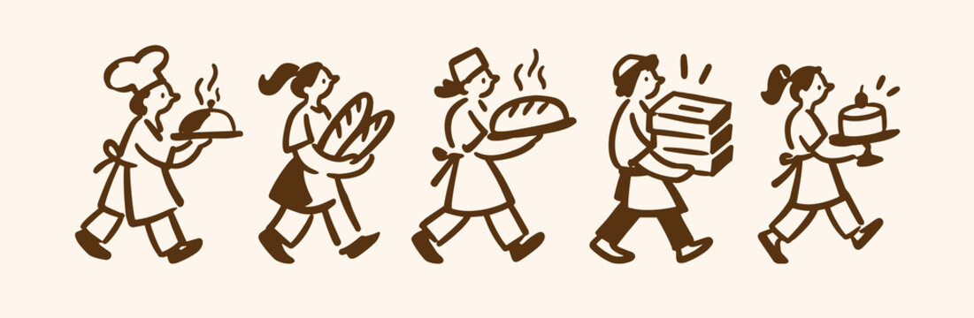 Bakery Workers Carrying Bread and Pastries Hand Drawn Doodle Set