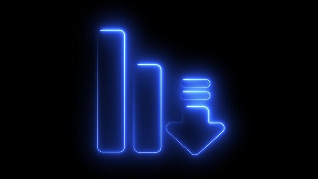 Neon blue bar chart with downward trend arrow animation for financial data analysis glowing graph