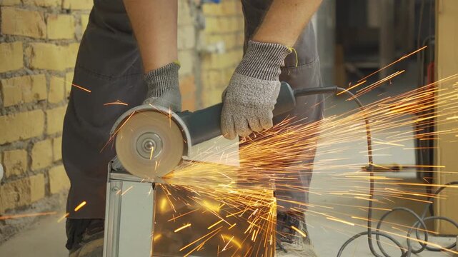  a worker cutting a square galvanized ventilation pipe with an angle grinder