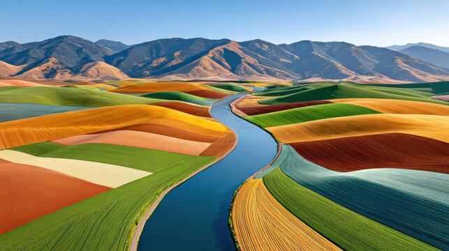 Winding river cutting through patchwork fields of green, gold, and rust under clear blue sky, agricultural landscape