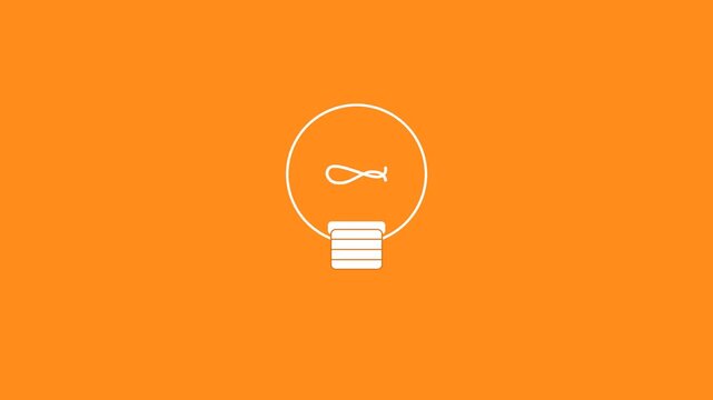 Minimalist illustration of a white light bulb icon with a fish inside and a stack of papers on a vibrant orange background.