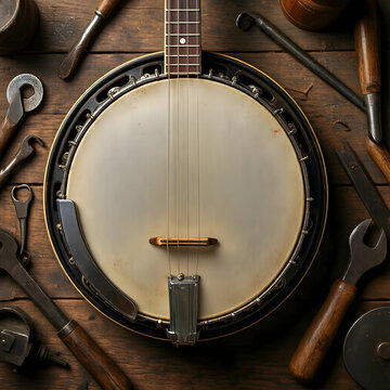 Craftsmanship and musical heritage, vintage banjo instrument surrounded by antique hand tools on a rustic wooden workbench for luthier repair