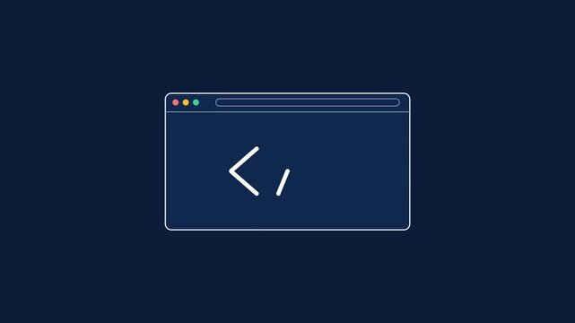 A minimalist illustration of a dark blue browser window displaying a white code symbol on a dark background, representing web development.