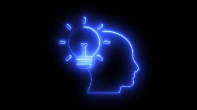 Glowing blue neon light bulb inside human head silhouette for innovation and creative thinking concepts