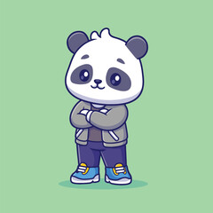 Chibi panda with cozy jacket panda,  cartoon panda,  cute,  character,  mascot,  adorable,  kids,  children,  illustration,  cartoon,  cute character,  animal,  bear,  standing,  confident,  arms cros © Design Plaza