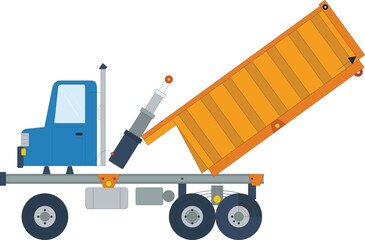 Flat design illustration of a heavy duty dump truck with raised orange cargo bed and hydraulic lifting cylinder mechanism © MdFaruk