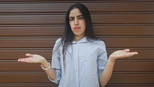 Young arab woman with palms up shrug, striped button shirt visible, facing camera in front of brown metal roller shutter on a building facade; uncertainty.