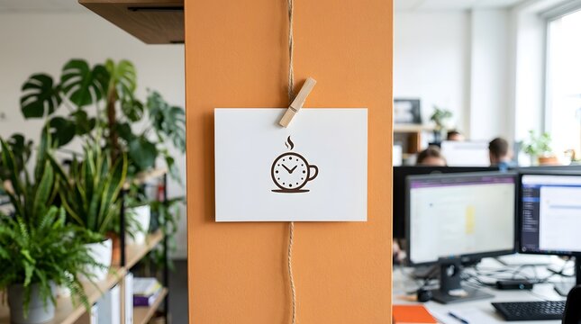 Minimalist White Card with Coffee Cup and Clock Icon Hanging by Twine and Clothespin on Orange Pillar in Modern Sustainable Coworking Office Space with Green Indoor Plants