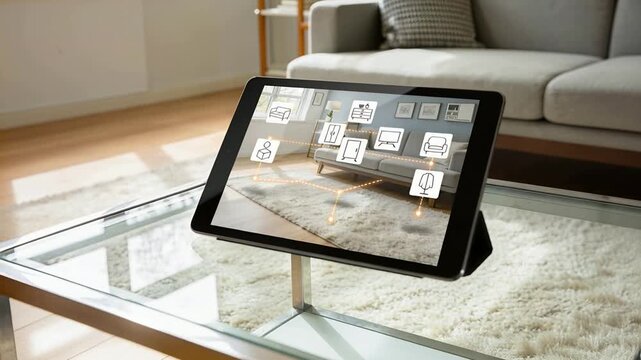 Launching app, black tablet on folio-stand projecting AR map at glass table, mapping sofa-and-rug