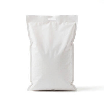 Blank white plastic rice bag mockup 5 kg pillow pouch isolated on white background, unbranded food packaging template