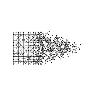 Square grid network dissolving into abstract digital particles representing data fragmentation with fragmentation particle dissolve abstract technology connection communication geometric