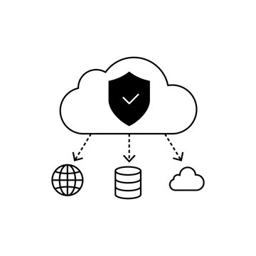 Cybersecurity icon showing a cloud shield connected with globe, database, and cloud resources, representing protected infrastructure, secure storage, remote access, and cloud defense.