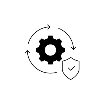 Cybersecurity icon presenting a rotating gear and verified shield, symbolizing automated defense, system maintenance, security updates, operational control, and continuous protection.